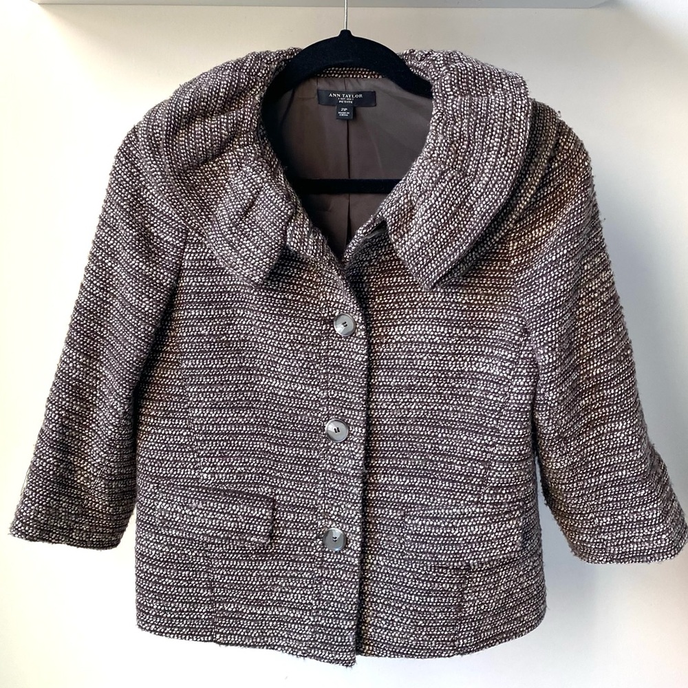 Ann Taylor Cropped Wool Tweed Brown Jacket Size 2P